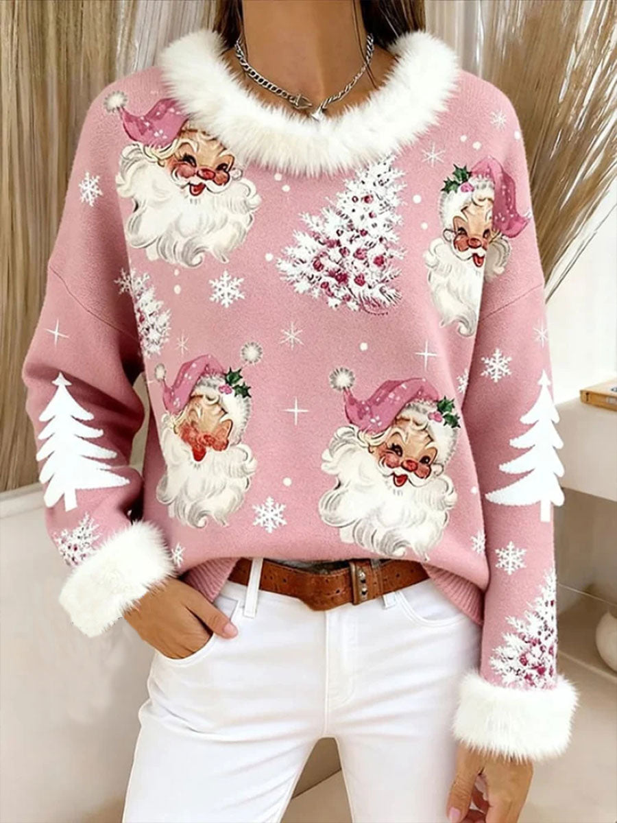 Women’s Santa Christmas Tree Print Fleece-Lined Sweatshirt