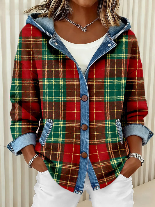Women's Christmas Inspired Plaid Pattern Patchwork Art Hooded Cardigan