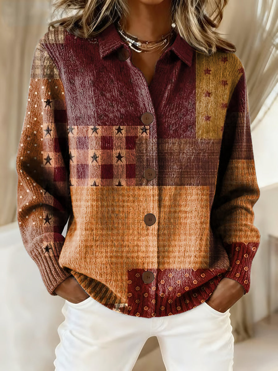 Women's Retro Color Block Plaid Print Casual Cardigan