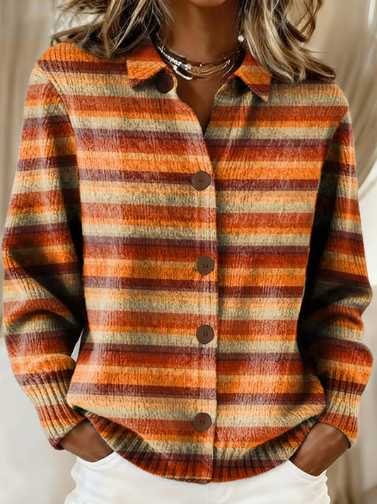 Women's Retro Color Block Stripes Print Casual Cardigan