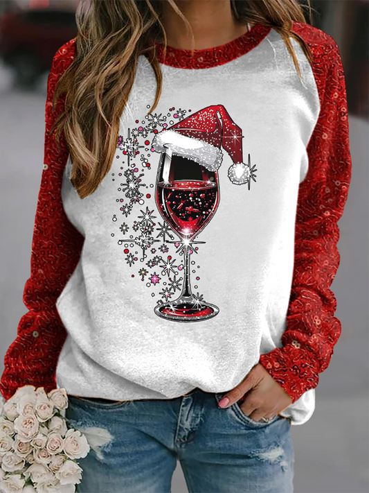 Women's red wine glass print raglan sleeve sweatshirt
