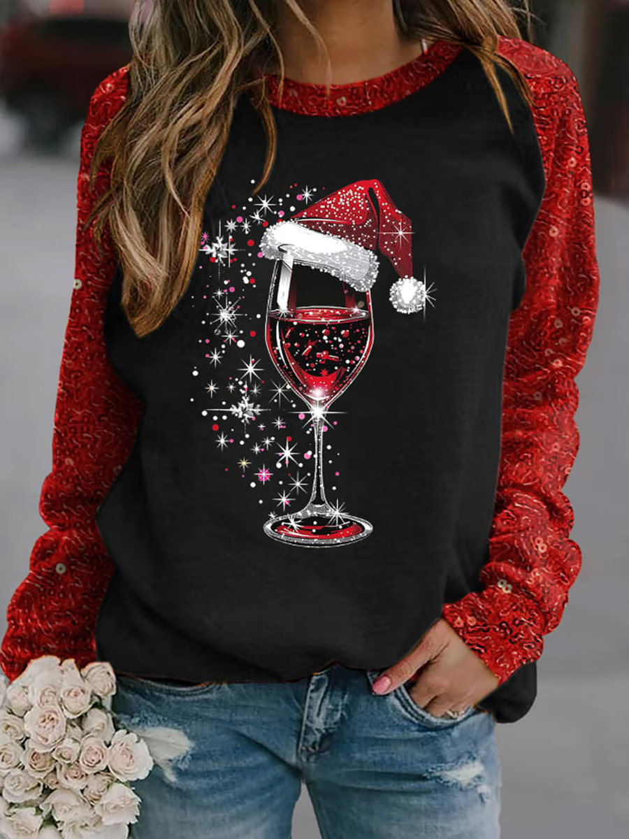 Women's red wine glass print raglan sleeve sweatshirt