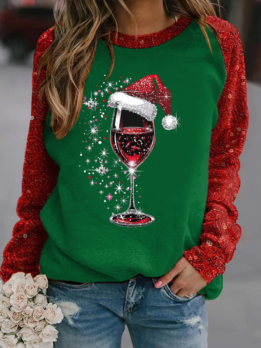 Women's red wine glass print raglan sleeve sweatshirt