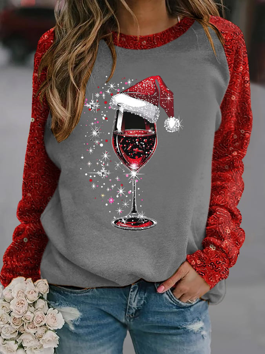 Women's red wine glass print raglan sleeve sweatshirt