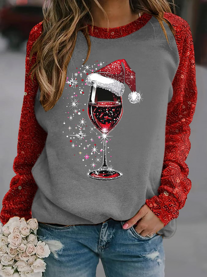 Women's red wine glass print raglan sleeve sweatshirt