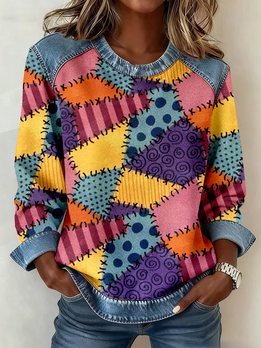 Women's Vintage Geometric Pattern Patchwork Art Sweatshirt
