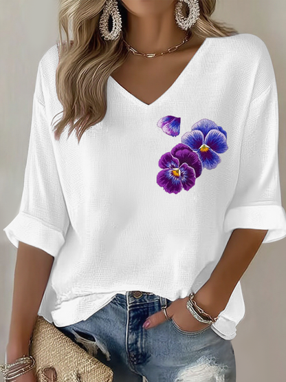 Women's  Purple flowers Art Design Print Waffle Long Sleeve T-Shirt