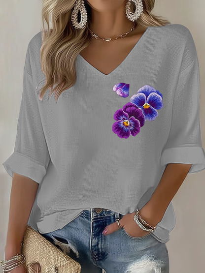Women's  Purple flowers Art Design Print Waffle Long Sleeve T-Shirt