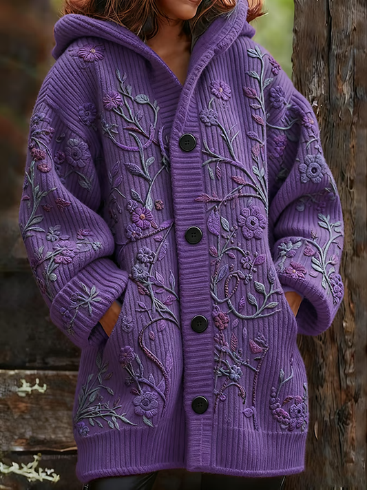 Women's Casual Purple Floral Thickened Cardigan