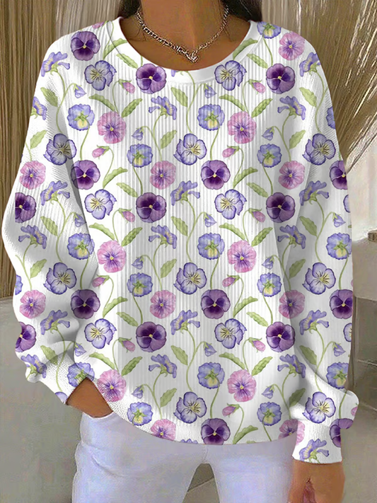 Women's Casual Purple Floral Texture Ribbed Round-Neck Sweatshirt