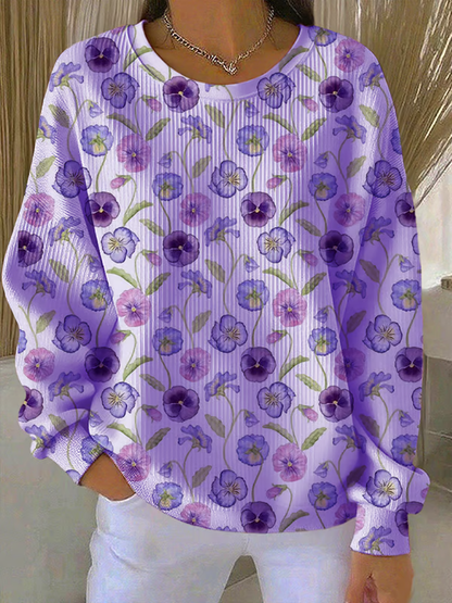 Women's Casual Purple Floral Texture Ribbed Round-Neck Sweatshirt