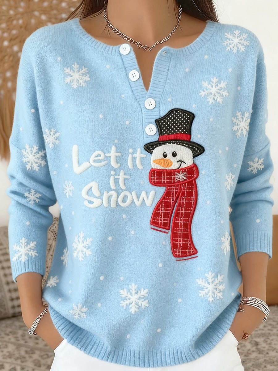 Women's Christmas Snowman Print Button Top
