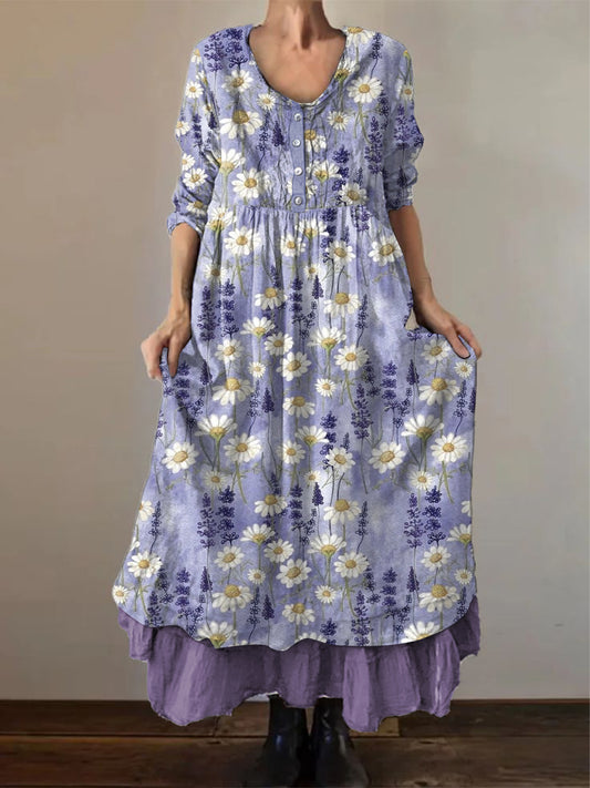 Women's Alzheimer's Awareness Purple Flower Printed Loose Long Sleeve Cotton Linen Dress