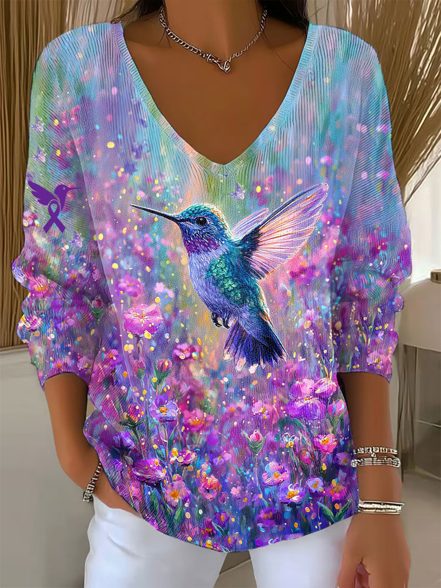 Women's purple hummingbird V-neck long-sleeved top