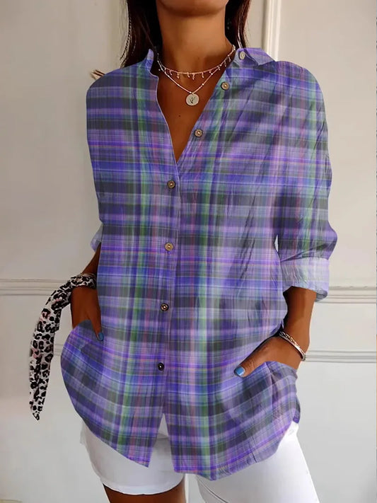 Women's Alzheimer's Awareness Purple Plaid Printed Cotton Linen Long Sleeve Shirt