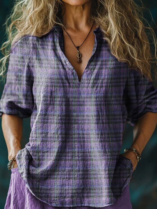 Women's Alzheimer's Awareness Purple Flower Printed Cotton Linen Long Sleeve Shirt