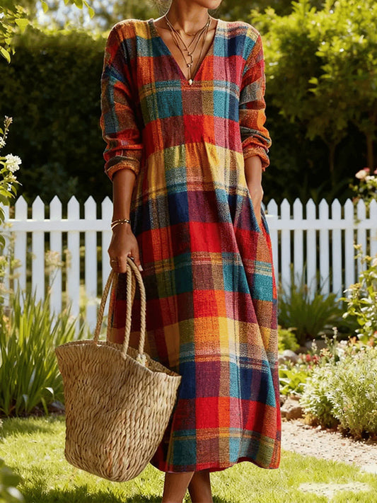 Women's Vintage Plaid Pattern Cozy V-Neck Dress
