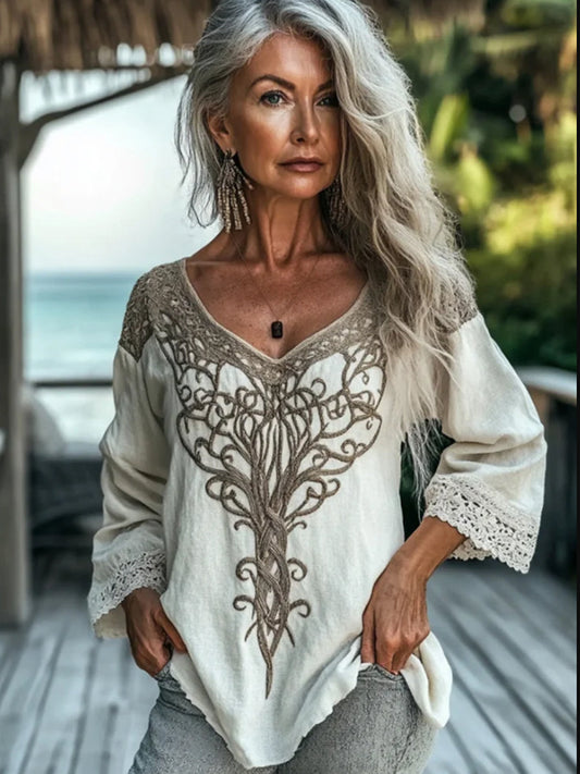 Women's Vintage Tribal Celtic Knot Lace V Neck Linen Shirt