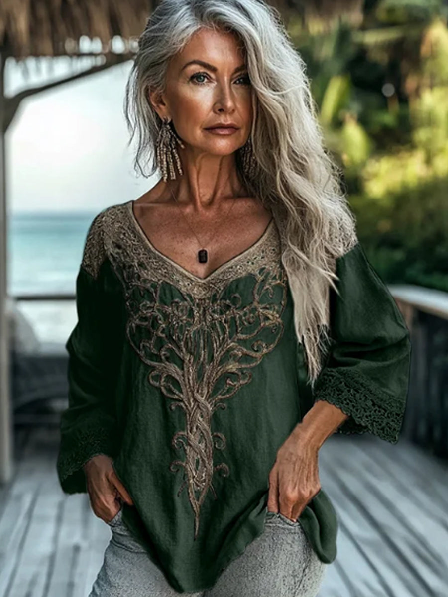 Women's Vintage Tribal Celtic Knot Lace V Neck Linen Shirt