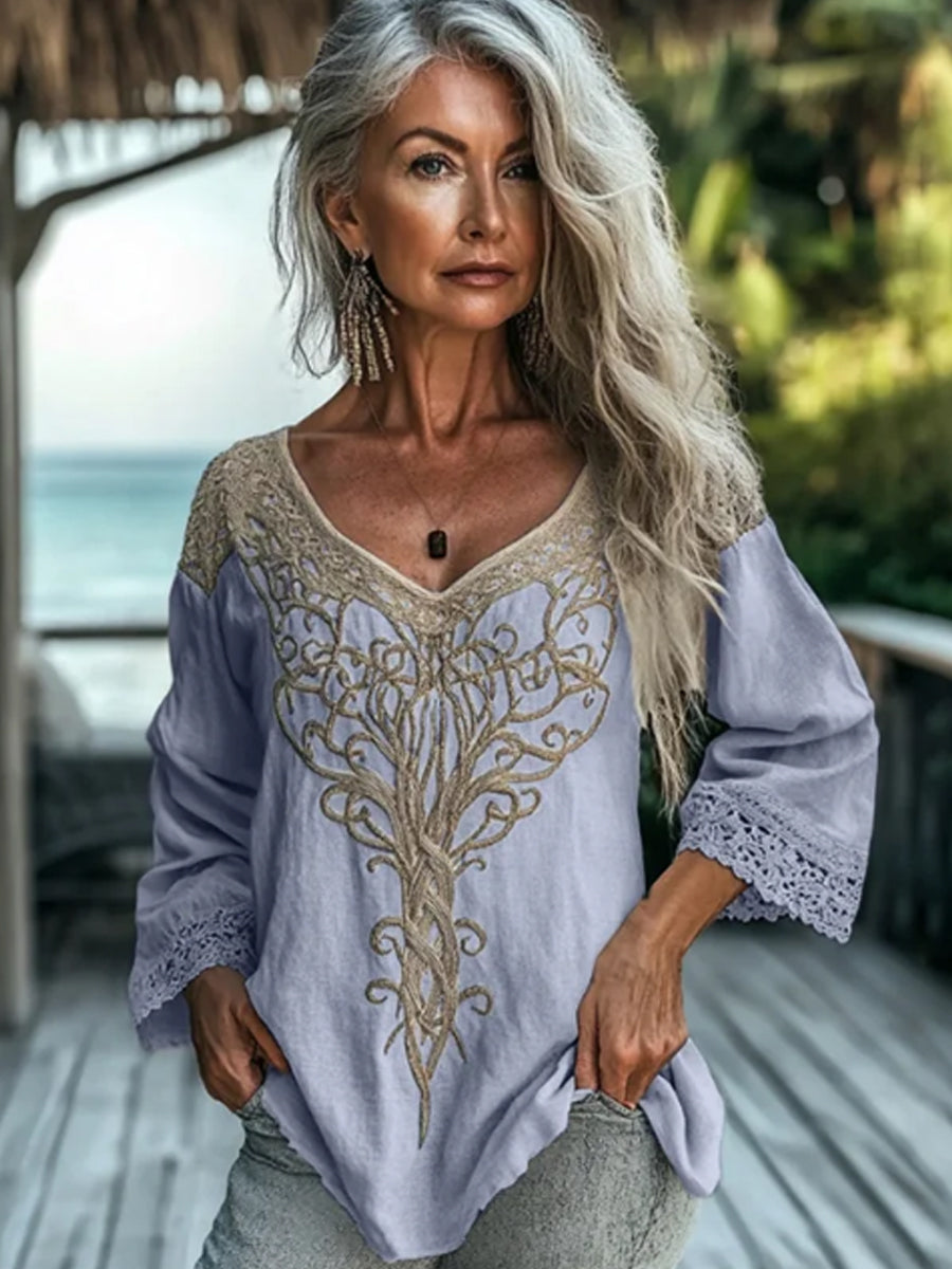 Women's Vintage Tribal Celtic Knot Lace V Neck Linen Shirt