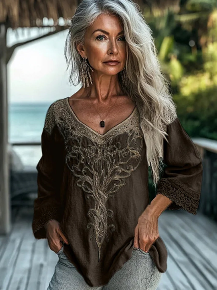 Women's Vintage Tribal Celtic Knot Lace V Neck Linen Shirt