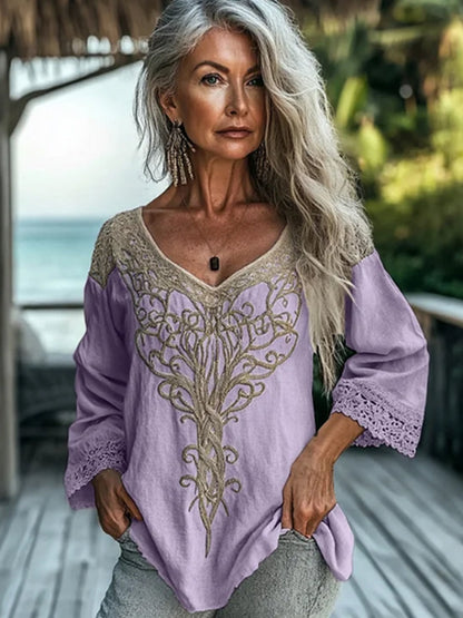 Women's Vintage Tribal Celtic Knot Lace V Neck Linen Shirt