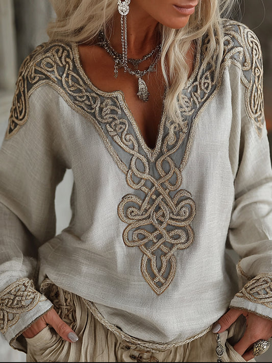 Women's Vintage Viking Celtic Knot Embroidered Art Cozy Linen Shirt