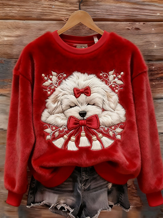 Women's Christmas Sleeping Fuzzy Dog Art Cozy Plush Sweatshirt