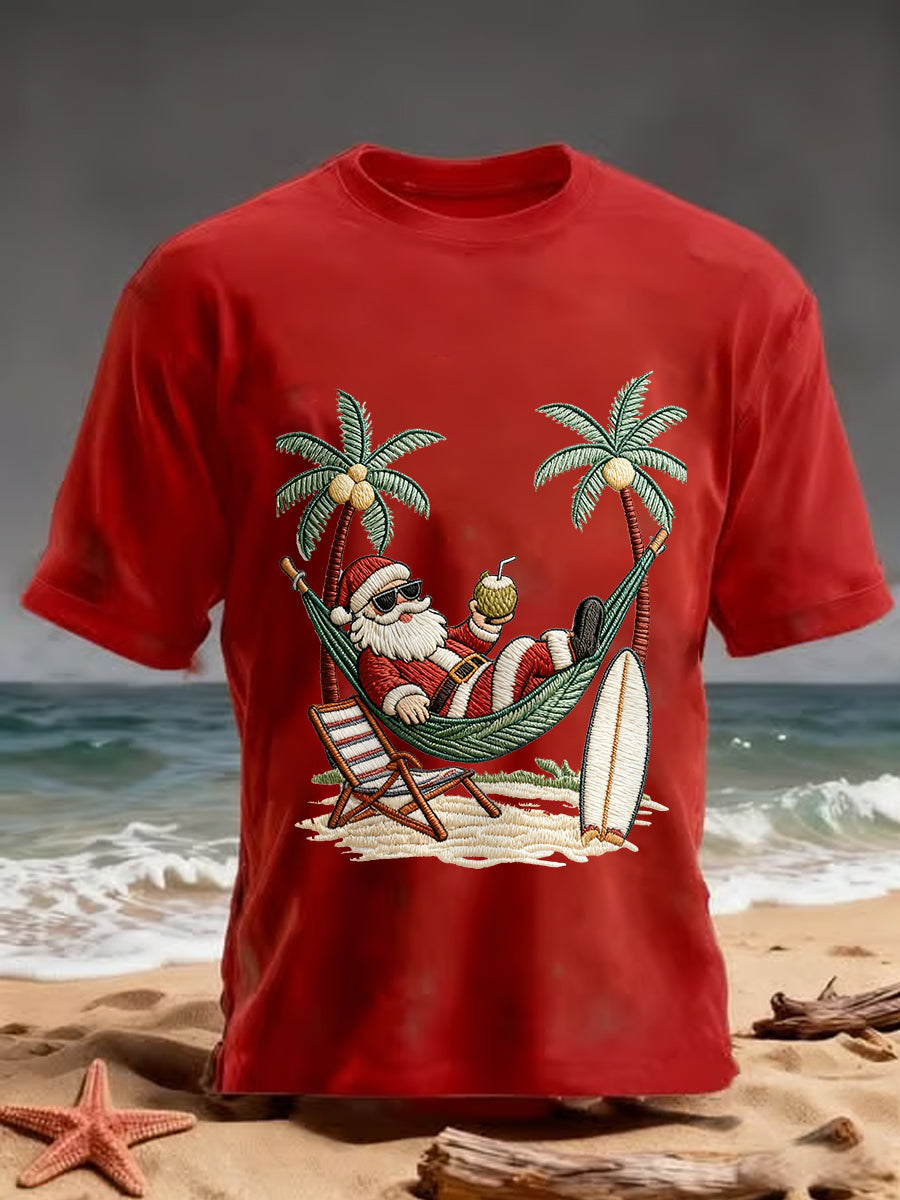 Men's Vintage Holiday Santa Claus Print Casual Tee