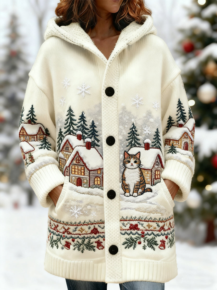 Women's Vintage Christmas Cute Cat Snow Scene Print Casual Mid-Length Hooded Cardigan