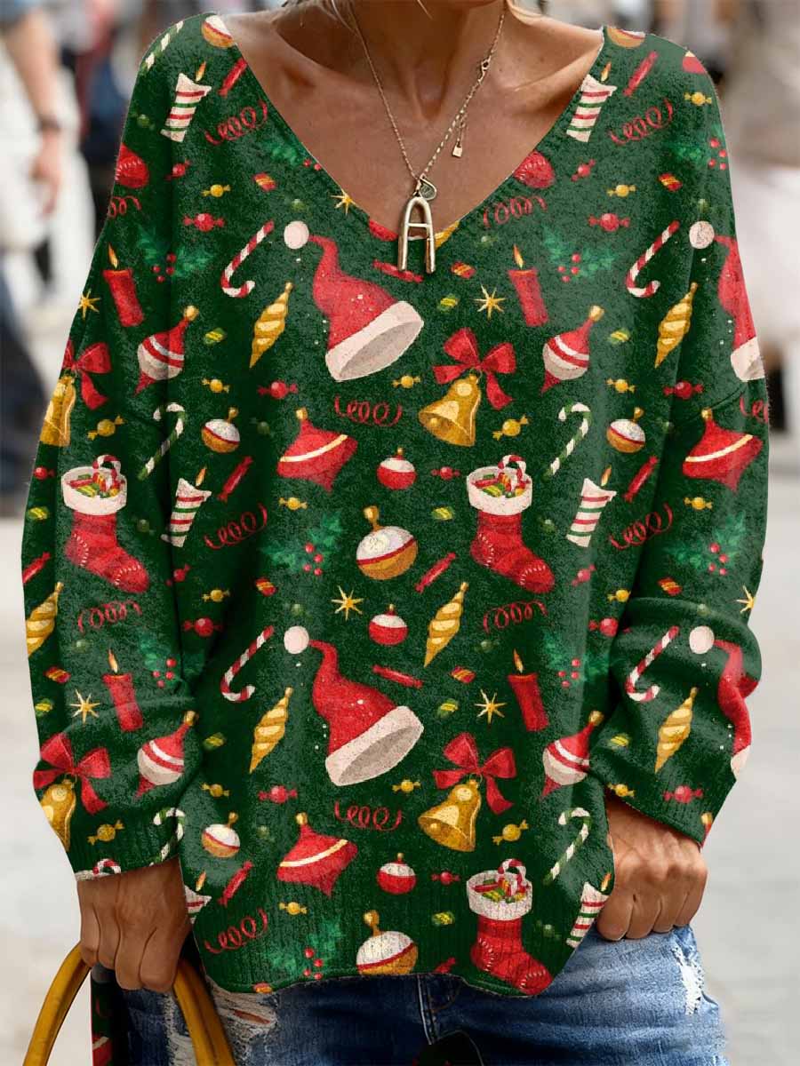 Retro Christmas Print Casual Long Sleeved Top
