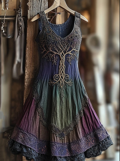 Women's Vintage Viking Tree Of Life Gradient Linen Dress