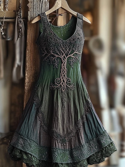 Women's Vintage Viking Tree Of Life Gradient Linen Dress