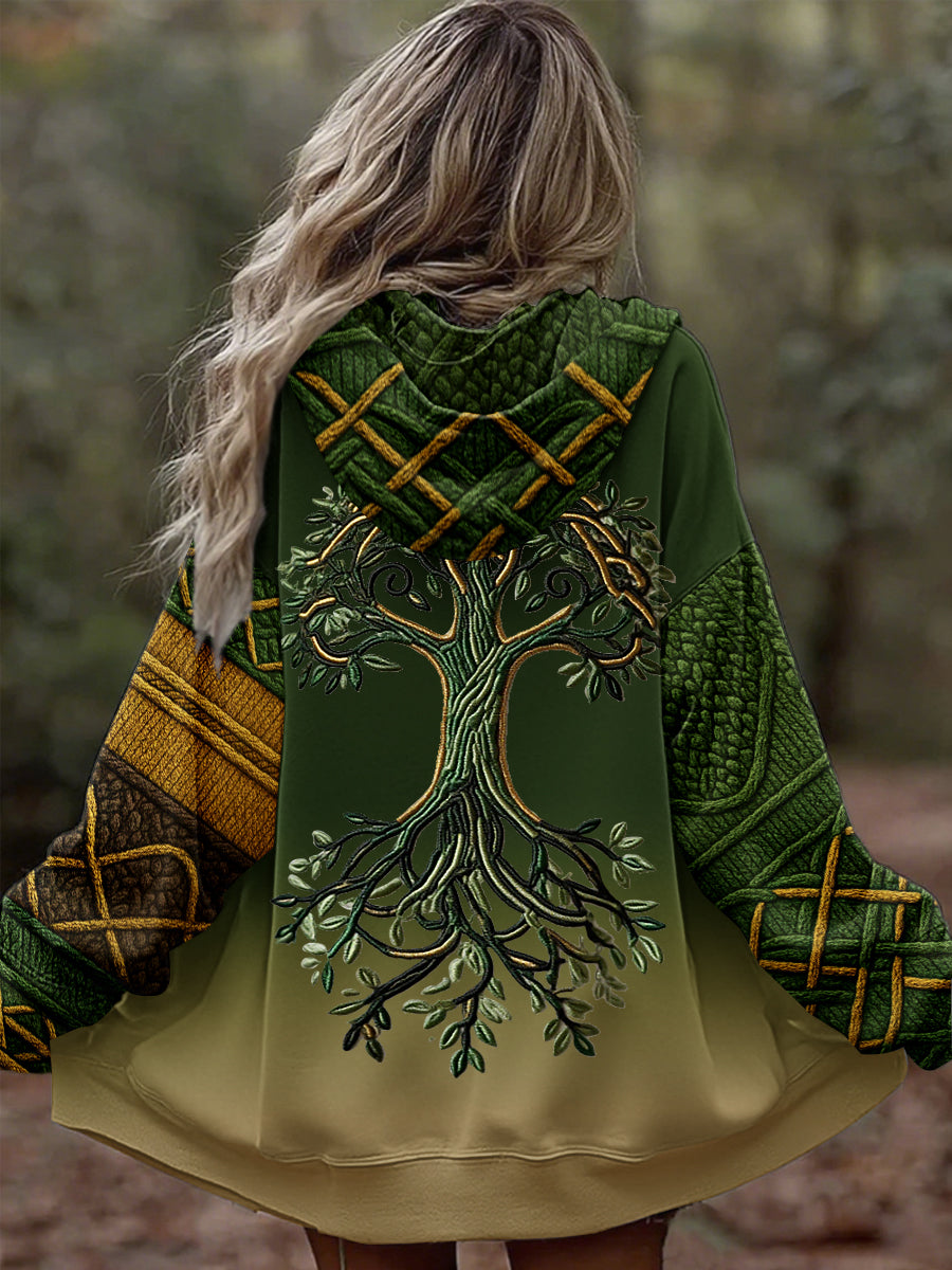 Women's Vintage Tree of Life Celtic Thick Stitching Comfortable Knitted Hooded Cardigan