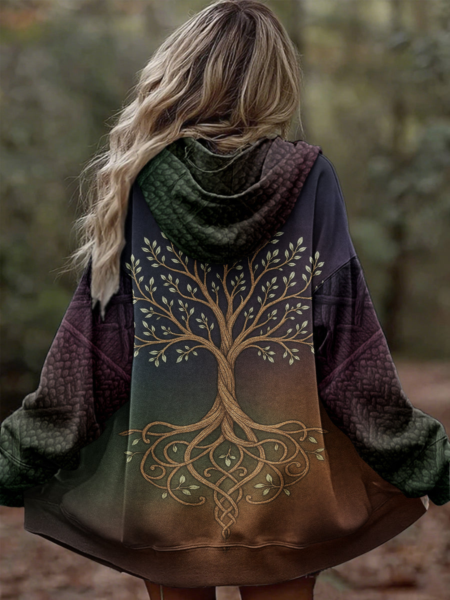 Women's Vintage Tree of Life Celtic Thick Stitching Comfortable Knitted Hooded Cardigan