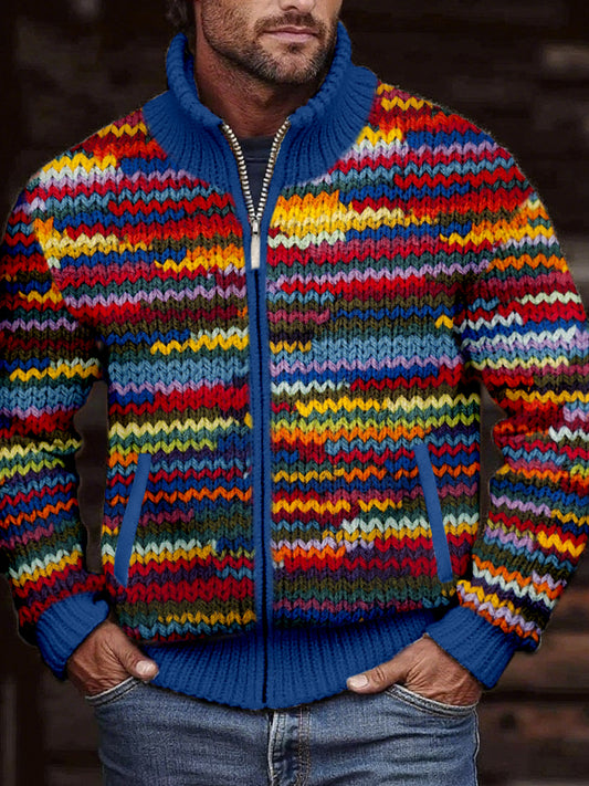 Men's Vintage Colorful Crochet Art Cozy Zip Cardigan