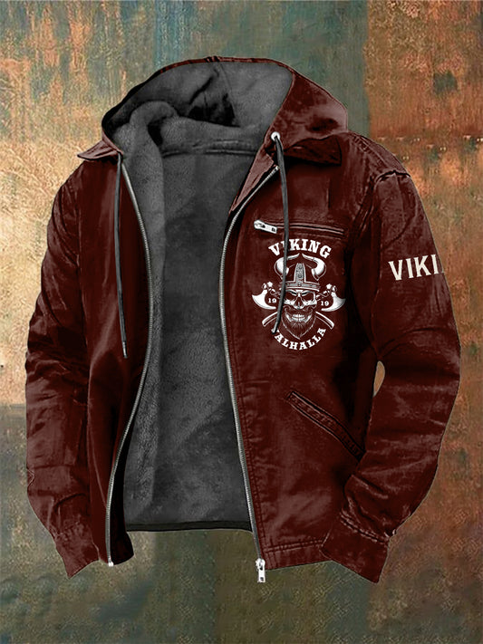 Men's Viking Warrior Skull Printed Long Sleeved Hooded Jacket