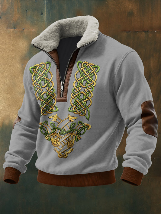 Men's Viking Totem Printed Long Sleeved Stand Up Collar Lambhair Zipper Top