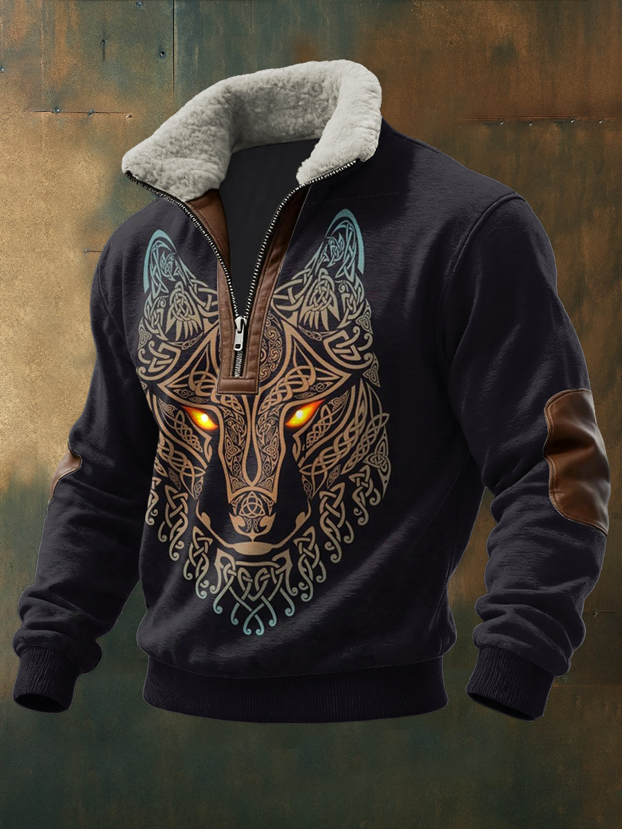 Men's Viking Totem Printed Long Sleeved Stand Up Collar Lambhair Zipper Top