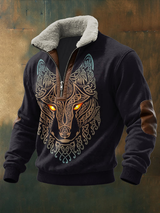 Men's Viking Totem Printed Long Sleeved Stand Up Collar Lambhair Zipper Top