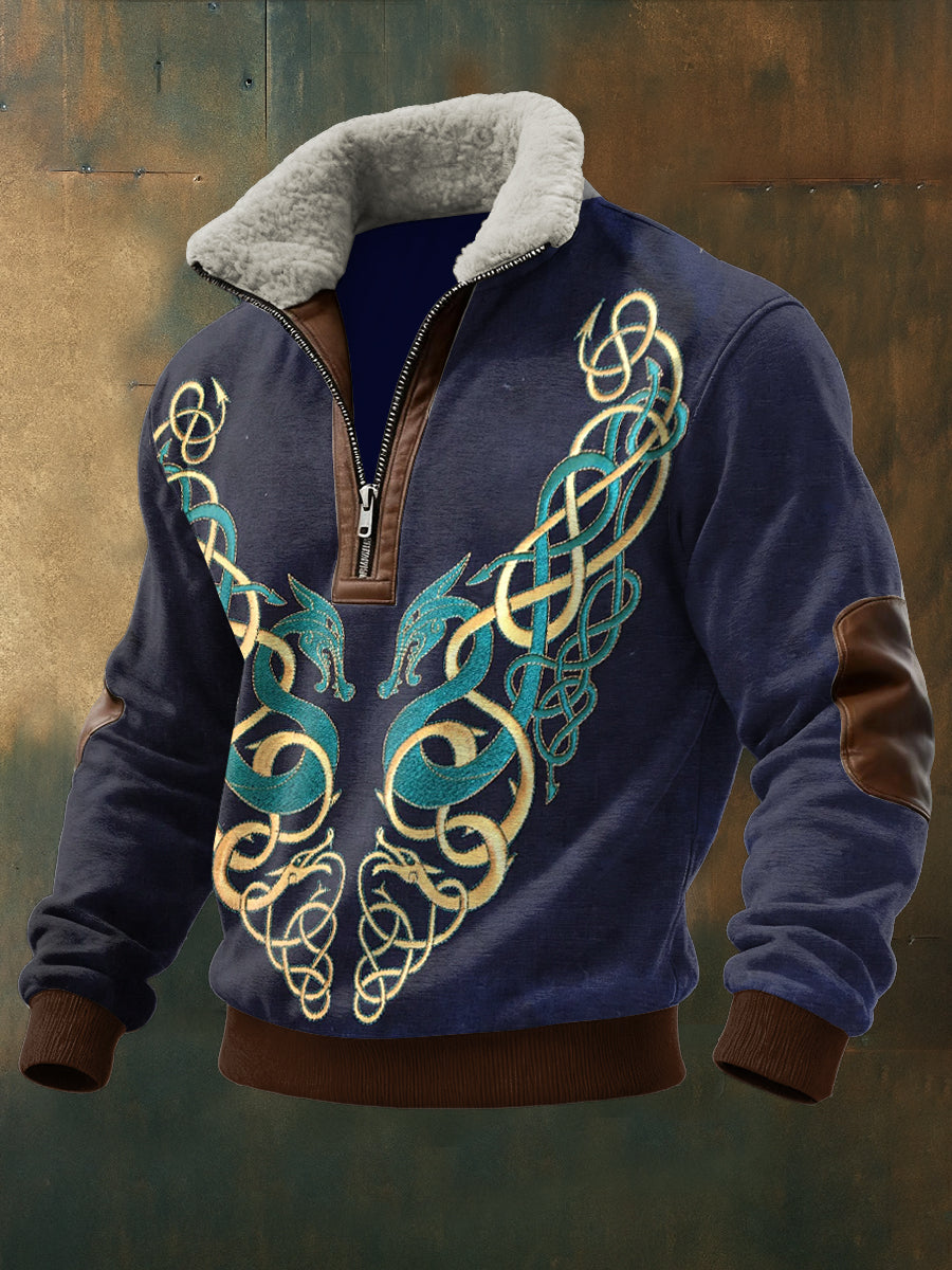 Men's Viking Totem Printed Long Sleeved Stand Up Collar Lambhair Zipper Top