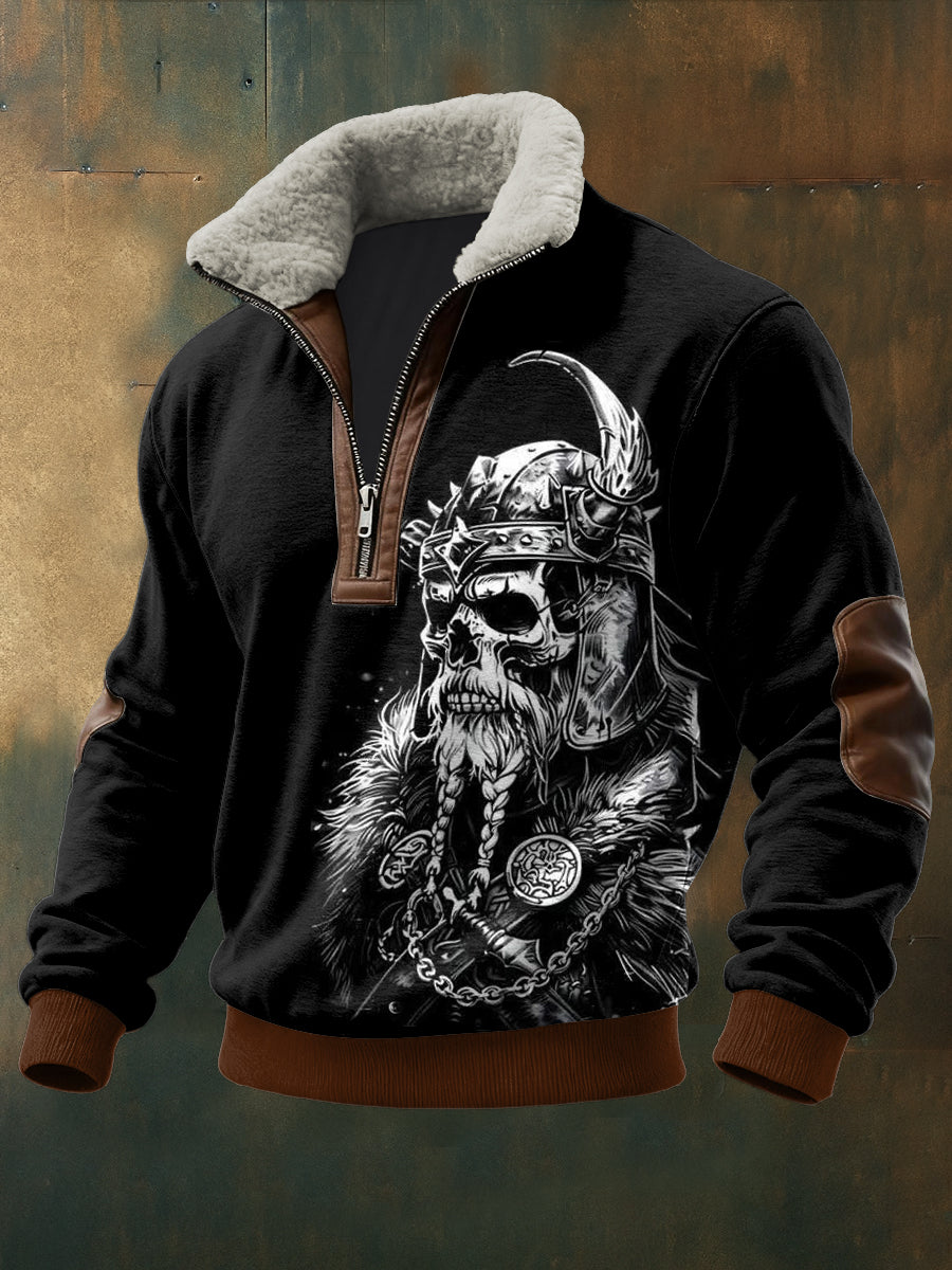 Men's Viking Warrior Skull Printed Long Sleeved Stand Up Collar Lambhair Zipper Top