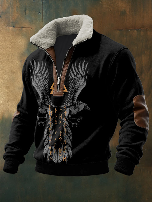 Men's Viking Totem Printed Long Sleeved Stand Up Collar Lambhair Zipper Top