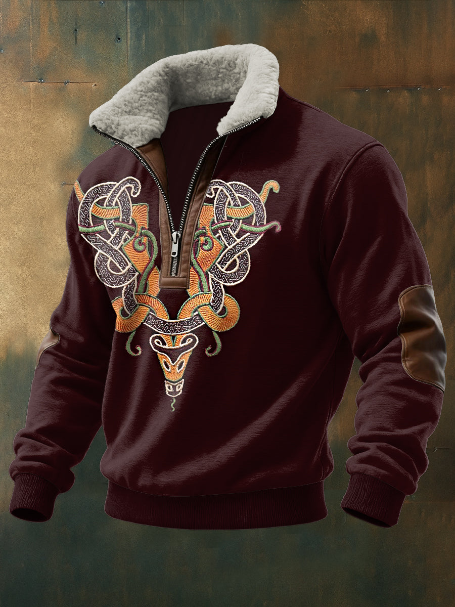 Men's Viking Totem Printed Long Sleeved Stand Up Collar Lambhair Zipper Top