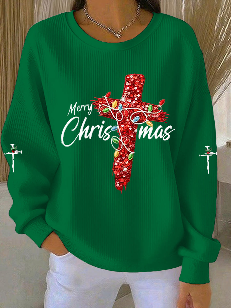 Women's Merry Christmas Cross Ribbed Round-Neck Sweatshirt