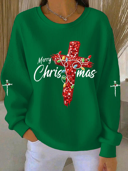 Women's Merry Christmas Cross Ribbed Round-Neck Sweatshirt