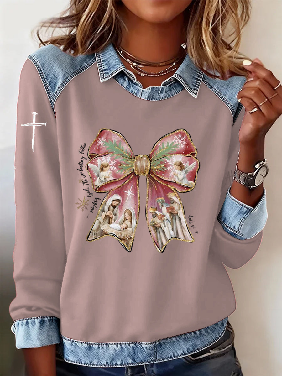 Vintage Christmas Faith Jesus Bow Printed Casual Loose Long Sleeve Lapel Sweatshirt