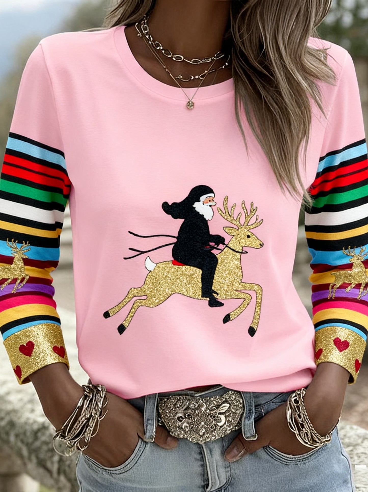 Retro Christmas Print Art Patchwork Cotton Long-Sleeved T-Shirt