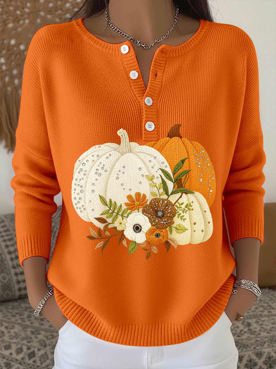 Women's Thanksgiving Pumpkin Floral Pattern Cozy Knit Sweater