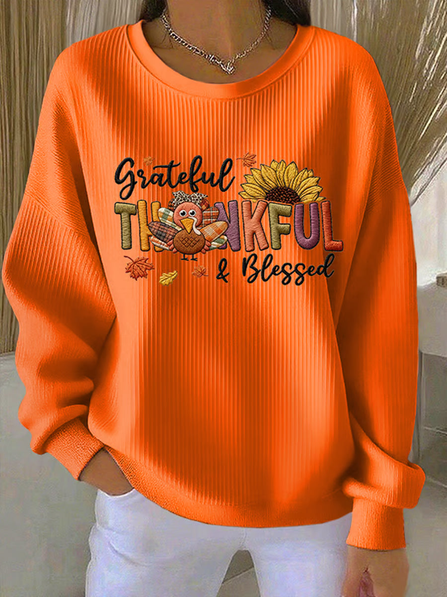 Women's Retro Thanksgiving GOBBLE Print Ribbed Round-Neck Sweatshirt